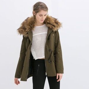 Zara Trafaluc EUC Winter Puffer Jacket Parka Coat Faux Fur Collar Khaki Size XS